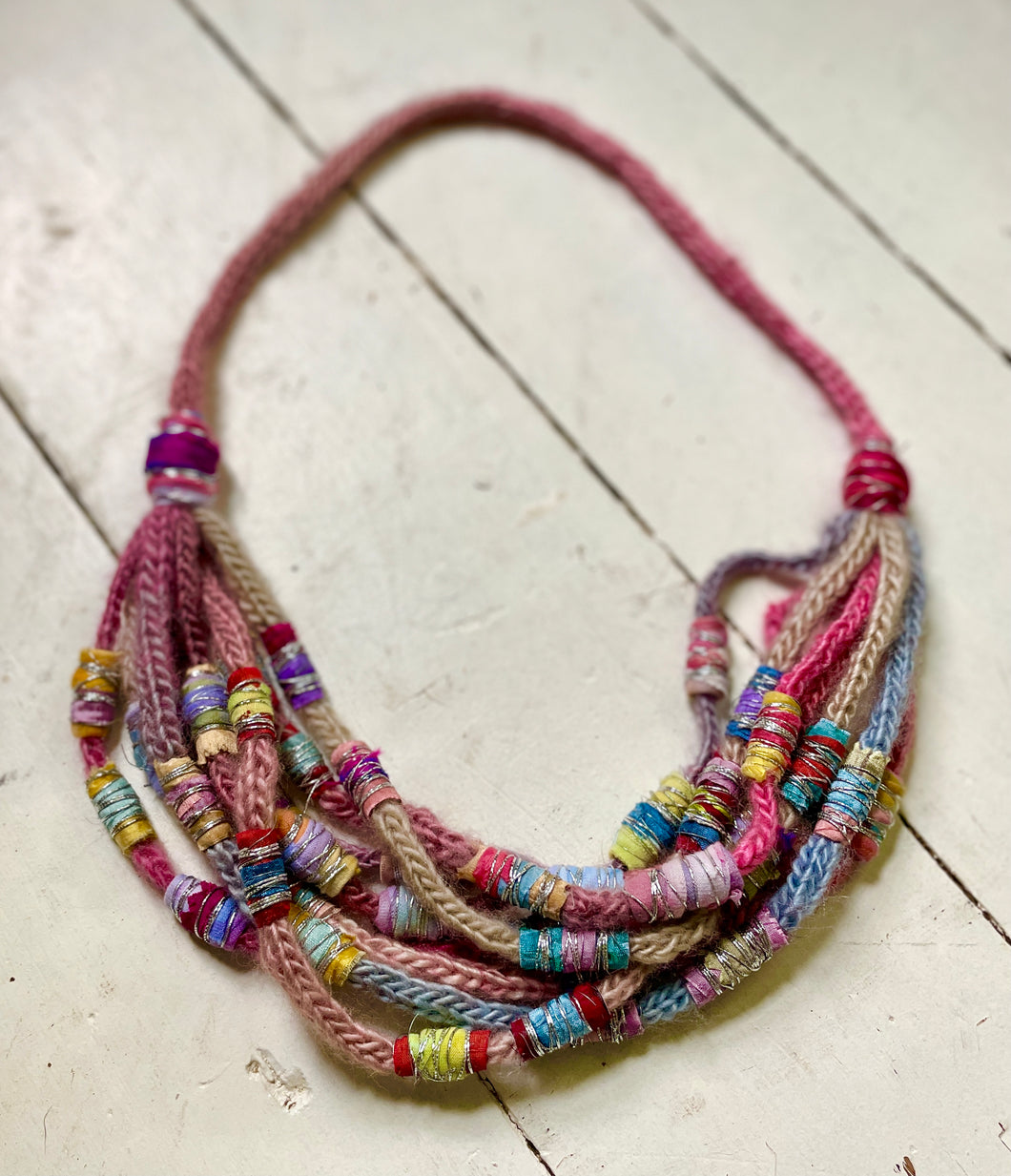 Knitted Winter Necklace with Silk 'Beads'.